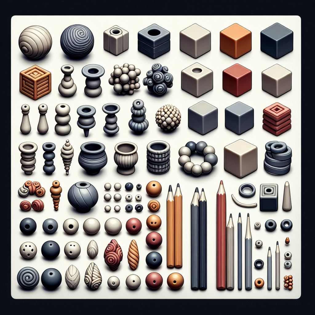 various basic shapes formed with polymer clay, such as spheres, cubes, cylinders, and beads